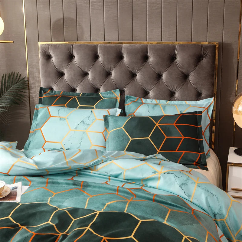 Bedding sets with Colorful and bit Goldish geometry patterns (duvet Cover + Pillowcases)