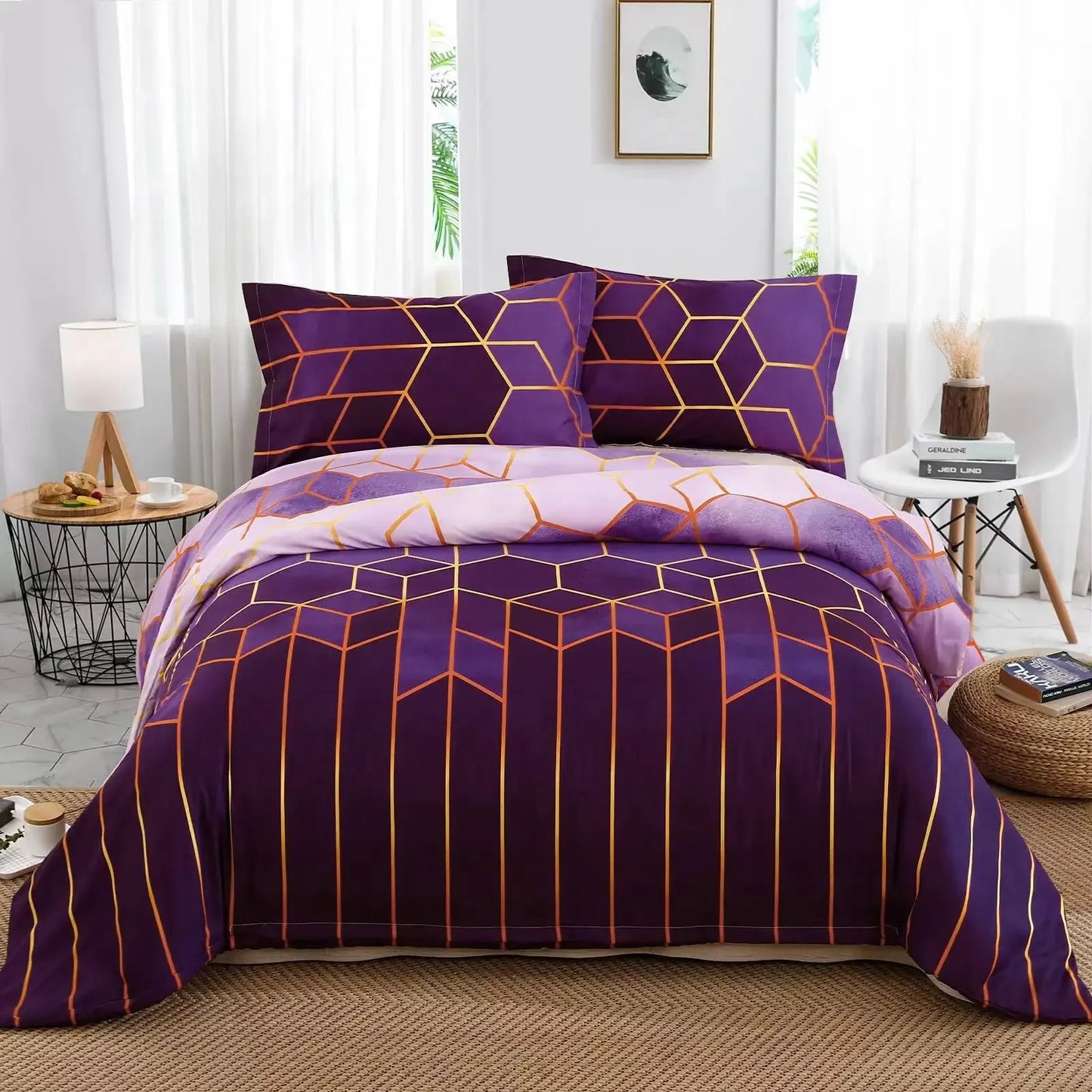 Bedding sets with Colorful and bit Goldish geometry patterns (duvet Cover + Pillowcases)