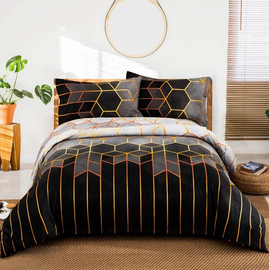 Bedding sets with Colorful and bit Goldish geometry patterns (duvet Cover + Pillowcases)